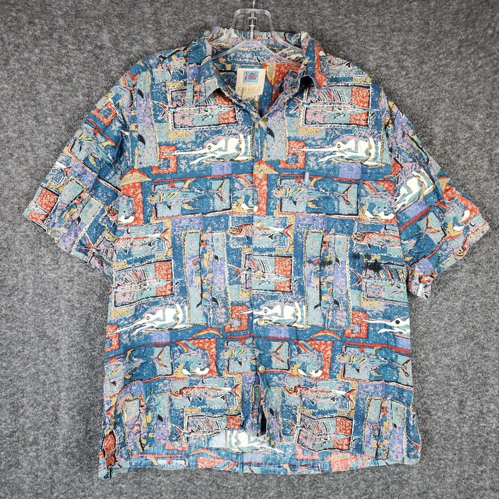 Kahala Button Front Shirt Mens M Blue Multi Fish Marlin Hawaiian Avi Collection